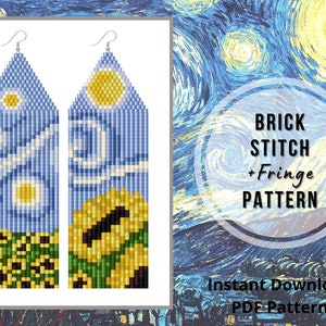 Van Gogh Starry Night seed bead fringe earrings pattern sunflower brick stitch earrings beaded earrings digital PDF pattern