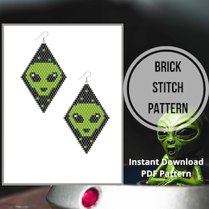 May include: A pair of diamond-shaped earrings featuring a green alien face design. The earrings are made with a brick stitch pattern, with a black border and silver hooks. The image also includes the text "BRICK STITCH PATTERN" and "Instant Download PDF Pattern."