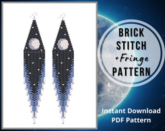 Moon seed bead earrings pattern Celestial brick stitch fringe earring Galexy space beaded jewelry Miyuki delica pattern