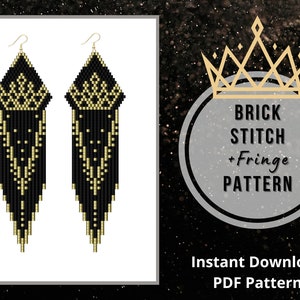 Queen bead earring pattern Crown brick stitch fringe earring pattern seed bead black earring beaded pattern miyuki delica