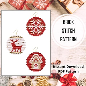May include: Three beaded Christmas earrings with different designs: a snowflake, a reindeer, and a house. The earrings are red, white, and gold. The text "BRICK STITCH PATTERN" and "Instant Download PDF Pattern" are also visible.