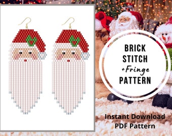 Santa earrings pattern Christmas Brick stitch earrings dangle pattern fringe beaded earrings pattern Seed bead  Miyuki delica PDF Digital