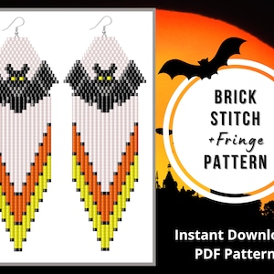 May include: A pair of Halloween-themed beaded earrings with a bat design and orange, yellow, and white fringe. The earrings are made using brick stitch and fringe techniques. The image includes the text "BRICK STITCH + Fringe PATTERN" and "Instant Download PDF Pattern".
