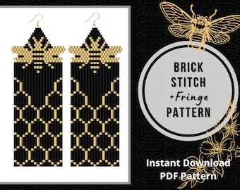 Bee beaded fringe earrings pattern honeycomb seed bead earring pattern miyuki delica brick stitch