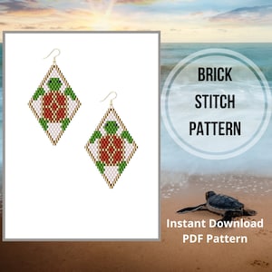 May include: A pair of diamond-shaped earrings with a beaded turtle design in shades of green, red, white, and gold. The earrings are made using brick stitch and are available as an instant download PDF pattern.