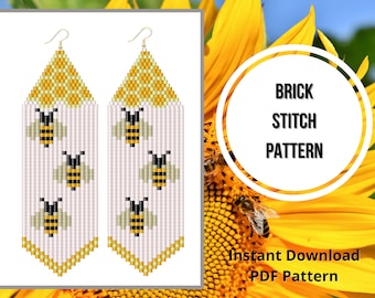 Bee seed bead earrings pattern honeycomb brick stitch fringe earring PDF pattern miyuki delica