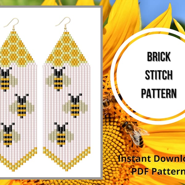 Bee seed bead earrings pattern honeycomb brick stitch fringe earring PDF pattern miyuki delica