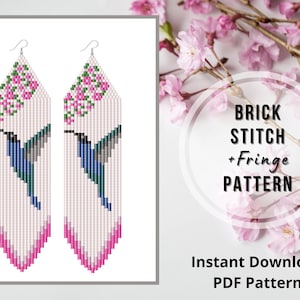 Hummingbird beaded earrings pattern kolibri brick stitch fringe earring pdf spring seed bead earring pattern Miyuki delica