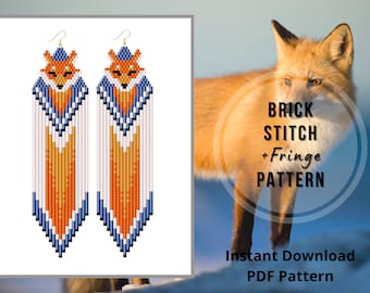 Brincos de raposa em ponto tijolo, padrão de brincos de franjas de animais com miçangas, brincos de raposa com miçangas, padrão em PDF, Miyuki Delica