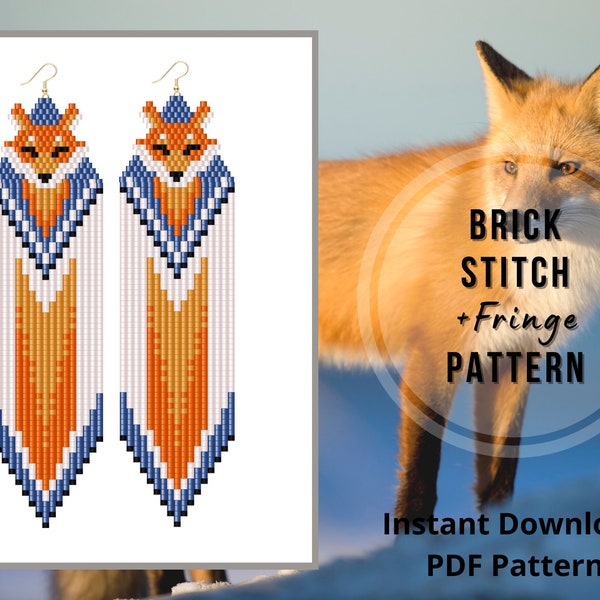 Fox brick stitch earrings pattern seed bead animal fringe earring beaded fox earrings PDF pattern miyuki delica