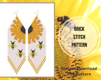 Sunflower earrings pattern seed bead bee honeycomb pattern brick stitch fringe earring PDF pattern miyuki delica