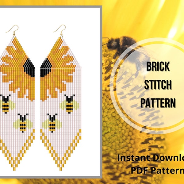 Sunflower earrings pattern seed bead bee honeycomb pattern brick stitch fringe earring PDF pattern miyuki delica