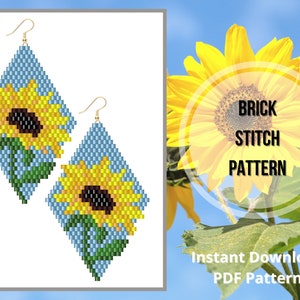 May include: A pair of blue and yellow beaded earrings with a sunflower design. The earrings are made using the brick stitch technique. The image includes the text "BRICK STITCH PATTERN" and "Instant Download PDF Pattern".