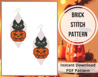 Halloween brick stitch earrings pattern black cat beaded earring pattern Pumpkin Jack o'lantern  seed bead Miyuki delica earrings pattern