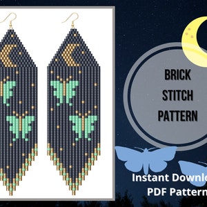 Luna moth witch earrings pattern fringe Moon butterfly brick stitch earring pdf beaded moon phase seed bead earring pattern Miyuki delica