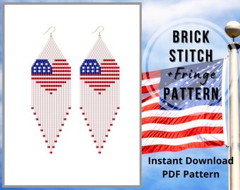 4th of July Seed bead earring pattern USA patriotic brick stitch fringe earrings pattern  Miyuki delica