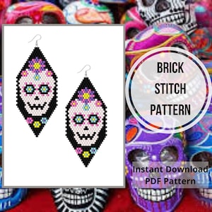 Sugar skull seed bead earring pattern Halloween Brick stitch earrings dia de los muertos beading earring beadwork DIY pattern Miyuki delica