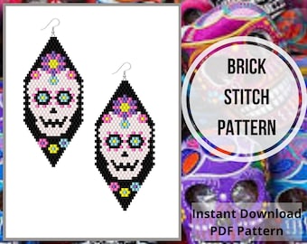 Mönster med örhängen med sockerskalle, Halloween-örhängen med tegelstygn, dia de los muertos-pärlörhängen, pärlbroderi, DIY-mönster, Miyuki delica