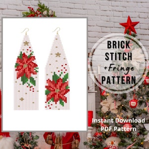 Mismatched Christmas bead earring patterns Brick stitch fringe poinsettia earrings seed bead earrings pattern Miyuki delica PDF