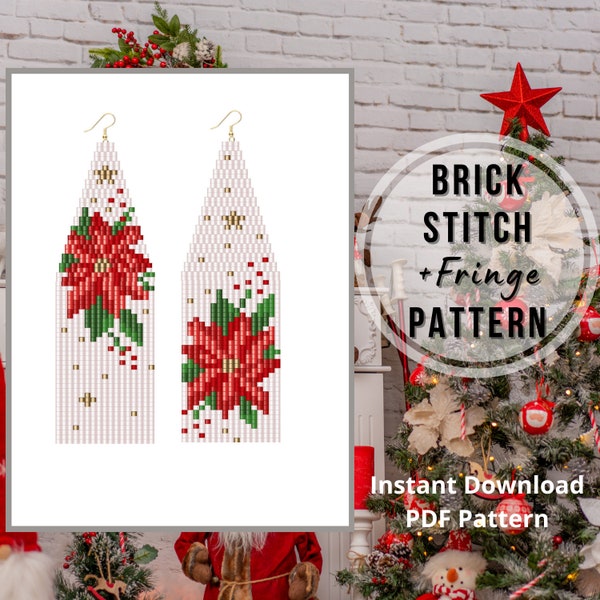 Mismatched Christmas bead earring patterns Brick stitch fringe poinsettia earrings seed bead earrings pattern Miyuki delica PDF