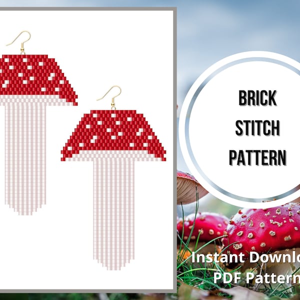 Mushroom seed bead earrings pattern brick stitch fly agaric fringe earring Miyuki delica PDF earrings pattern