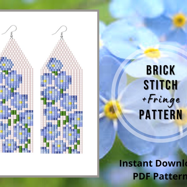 Forget me not beaded earring pattern blue flower brick stitch fringe earring pattern Beaded flower blossom wildflowers brick stitch