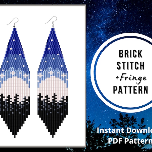 Moon star seed bead earrings pattern celestial brick stitch fringe crescent beaded earring PDF pattern