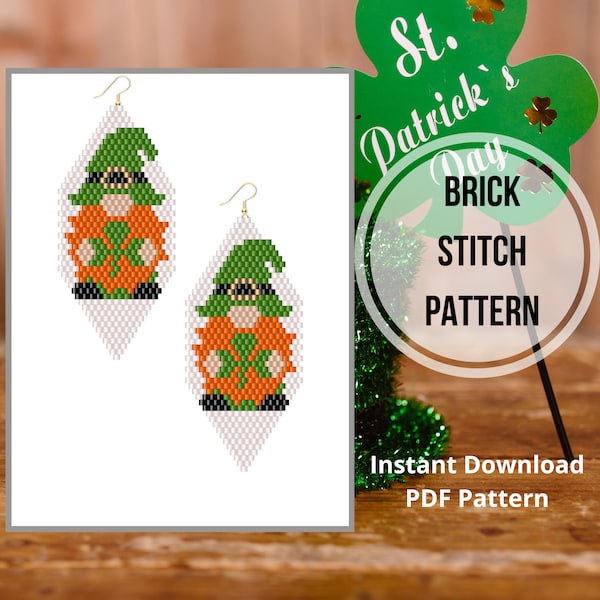 Beaded  St. Patrick's Day gnome earrings pattern  Brick stitch Leprechaun seed bead jewelry pattern  pattern Miyuki delica PDF