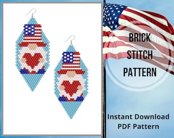 USA gnome Brick stitch earrings pattern Patriotic American seed bead pendant pattern beaded earrings pattern Miyuki delica Digital