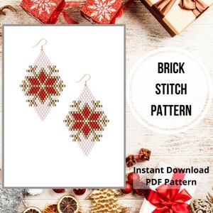 May include: A digital download pattern for brick stitch earrings featuring a red and gold snowflake design. The pattern is available as a PDF download. BRICK STITCH PATTERN. Instant Download PDF Pattern.