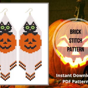 May include: A pair of Halloween-themed brick stitch earrings featuring black cats and orange pumpkins. The earrings are white with orange and black accents. The image includes the text "BRICK STITCH PATTERN" and "Instant Download PDF Pattern".