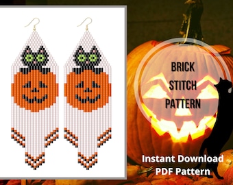 Halloween beaded earrings pattern black cat earring pattern Pumpkin Jack o&#39;lantern brick stitch earrings pattern seed bead fringe earrings