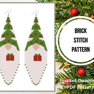 Christmas gnome beaded earrings pattern Brick stitch Christmas tree earrings pattern seed bead fringe earrings pattern Miyuki delica PDF