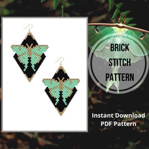 Beaded moth earrings pattern Miyuki delica butterfly brick stitch earring Luna moth seed bead earring pattern