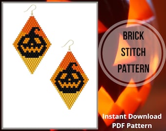 Brick stitch Halloween earrings pattern seed bead pumpkin earrings pattern Jack O Lantern bead weaving miuyki delica Jack o'lantern