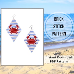 May include: Two diamond-shaped earrings with a brick stitch pattern. Each earring features a red crab design on a blue and white striped background. The text "BRICK STITCH PATTERN" and "Instant Download PDF Pattern" are also visible.