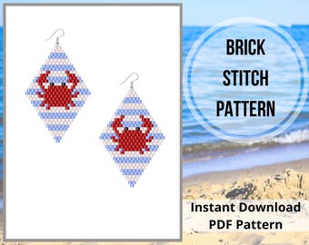 Crab Brick Stitch Earrings Pattern Miyuki Delica Seed Bead Design summer beaded earrings pattern  blue sea earrings
