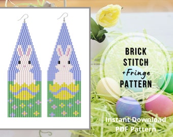 Seed bead Easter rabbit fringe earring pattern Brick stitch Easter bunny beading earrings pattern Miyuki delica PDF Digital