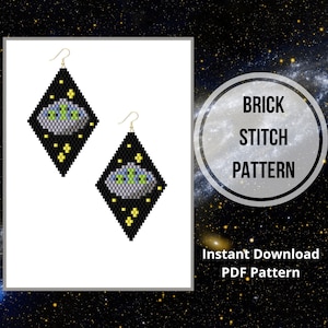 May include: A pair of diamond-shaped earrings with a black background, featuring a pixelated design of a gray and green alien spaceship. The earrings have gold-colored hooks and yellow star accents. The text "BRICK STITCH PATTERN" and "Instant Download PDF Pattern" are also visible.