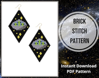 Space seed bead earring pattern Alien UFO brick stitch jewelry pattern Miyuki delica pendant PDF Digital download