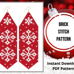 May include: Red and white beaded earrings with a snowflake design. The earrings are rectangular with gold-colored hooks. The image also includes the text "BRICK STITCH PATTERN" and "Instant Download PDF Pattern".