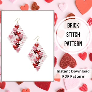 Valentine brick stitch earrings pattern Miyuki delica Heart beaded earring pattern beadwork beading PDF Digital download