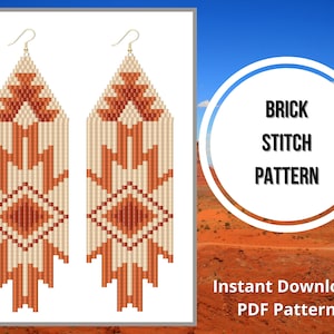 May include: A pair of long, beaded earrings with a geometric pattern in shades of brown and cream. The earrings are made using the brick stitch technique. The image includes the text "BRICK STITCH PATTERN" and "Instant Download PDF Pattern".