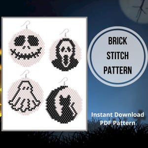 May include: Four Halloween-themed brick stitch earring patterns. The patterns include a ghost, a cat, a screaming face, and a jack-o-lantern. The patterns are in black and white and are displayed on a white background. The text "BRICK STITCH PATTERN" is displayed in a circle on the right side of the image. The text "Instant Download PDF Pattern" is displayed at the bottom of the image.