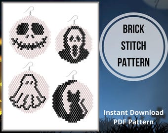 Halloween brick stitch earrings pattern ghost black cat pumpkin beaded earrings pattern Jack o'lantern seed bead pattern