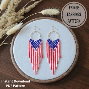Patriotic seed beaded earrings with fringe pattern for Miyuki Round Rocailles 11/0 4th July beaded USA jewelry hoop earrings bead weaving