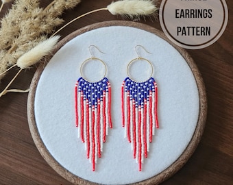 Patriotic seed beaded earrings with fringe pattern for Miyuki Round Rocailles 11/0 4th July beaded USA jewelry hoop earrings bead weaving