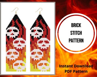 Halloween beaded earrings pattern skull seed bead fringe earrings pattern fire brick stitch earrings pattern Miyuki delica