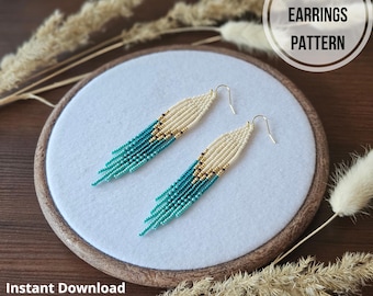 May include: A pair of long, beaded fringe earrings with a gradient of teal and white beads. The earrings are displayed on a white circular surface with a wooden frame. The text "FRINGE EARRINGS PATTERN" is displayed above the earrings. The text "Instant Download PDF Pattern" is displayed below the earrings.