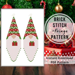 Seed bead Christmas gnome earrings pattern beaded gnome fringe earrings pattern brick stitch Miyuki pattern bead weaving